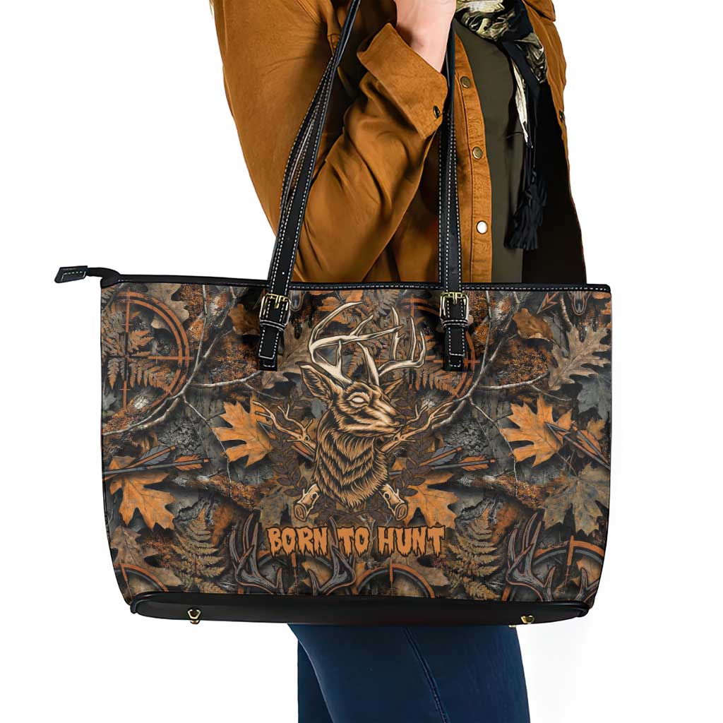 Deer Hunting Skull Leather Tote Bag Autumn Leaves Rustic Brown and Orange Tones