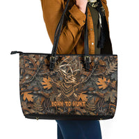 Deer Hunting Skull Leather Tote Bag Autumn Leaves Rustic Brown and Orange Tones