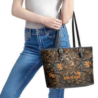 Deer Hunting Skull Leather Tote Bag Autumn Leaves Rustic Brown and Orange Tones