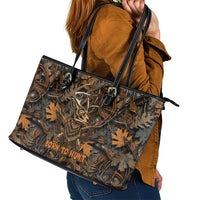 Deer Hunting Skull Leather Tote Bag Autumn Leaves Rustic Brown and Orange Tones