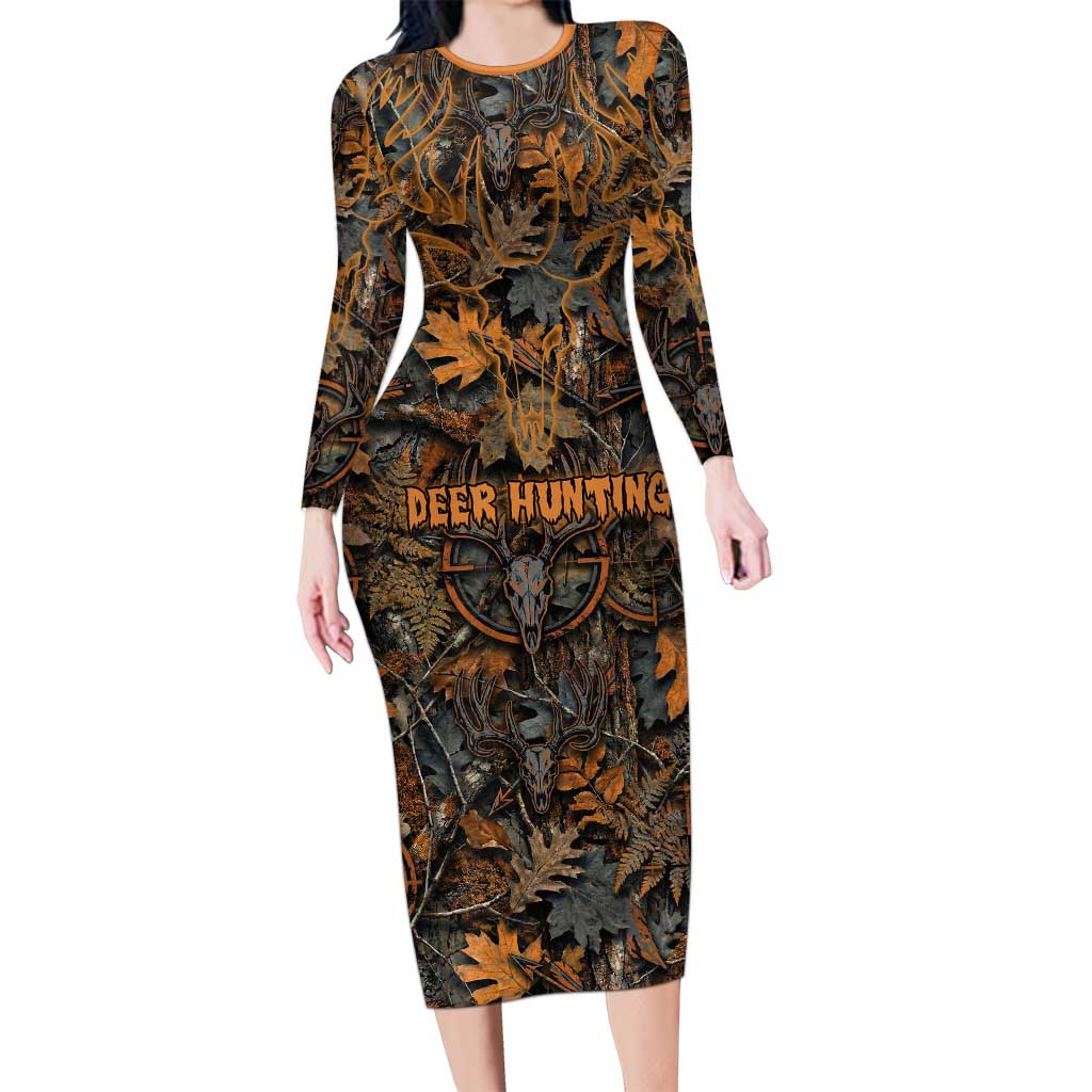 Deer Hunting Skull Long Sleeve Bodycon Dress Autumn Leaves Rustic Brown and Orange Tones