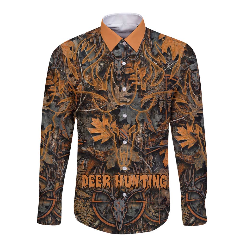 Deer Hunting Skull Long Sleeve Button Shirt Autumn Leaves Rustic Brown and Orange Tones