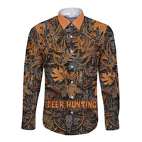 Deer Hunting Skull Long Sleeve Button Shirt Autumn Leaves Rustic Brown and Orange Tones