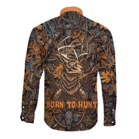 Deer Hunting Skull Long Sleeve Button Shirt Autumn Leaves Rustic Brown and Orange Tones