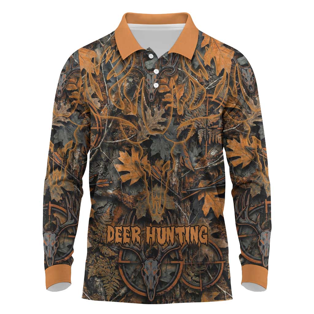 Deer Hunting Skull Long Sleeve Polo Shirt Autumn Leaves Rustic Brown and Orange Tones