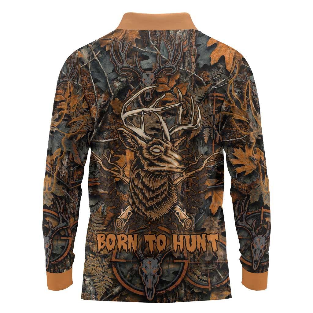 Deer Hunting Skull Long Sleeve Polo Shirt Autumn Leaves Rustic Brown and Orange Tones