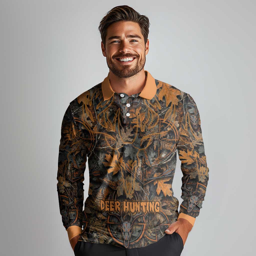 Deer Hunting Skull Long Sleeve Polo Shirt Autumn Leaves Rustic Brown and Orange Tones