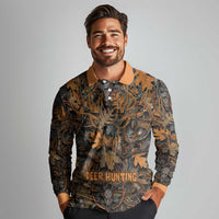 Deer Hunting Skull Long Sleeve Polo Shirt Autumn Leaves Rustic Brown and Orange Tones