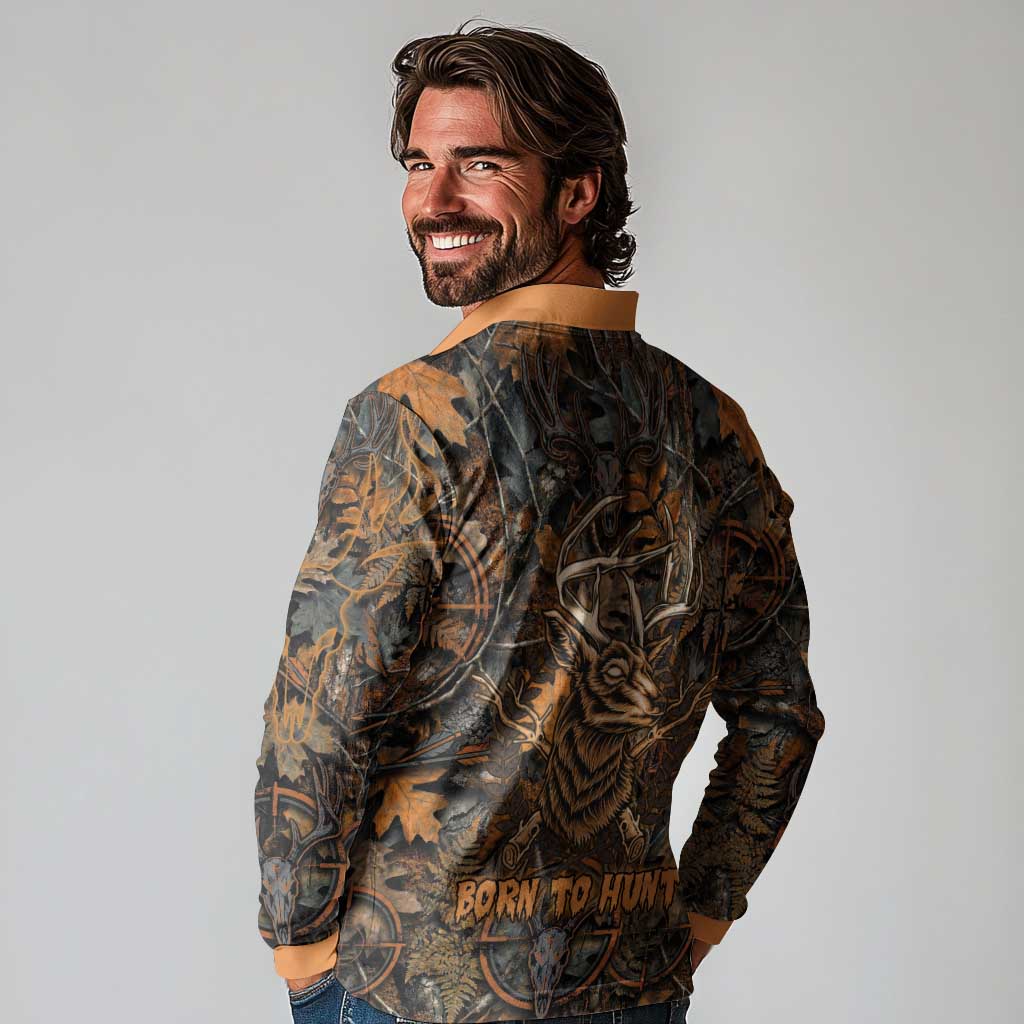Deer Hunting Skull Long Sleeve Polo Shirt Autumn Leaves Rustic Brown and Orange Tones