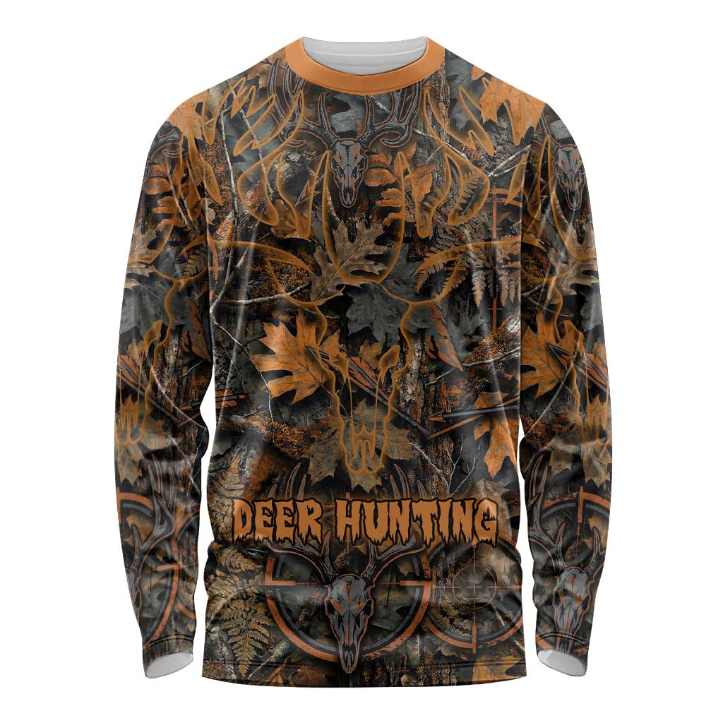 Deer Hunting Skull Long Sleeve Shirt Autumn Leaves Rustic Brown and Orange Tones