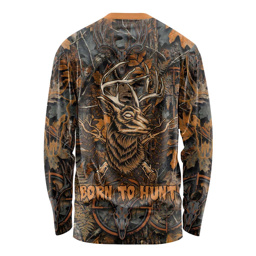 Deer Hunting Skull Long Sleeve Shirt Autumn Leaves Rustic Brown and Orange Tones