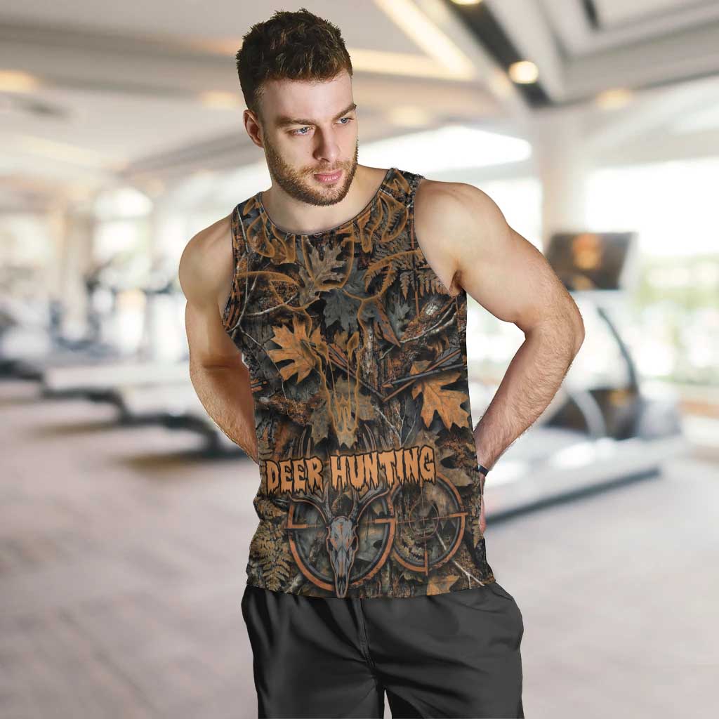 Deer Hunting Skull Men Tank Top Autumn Leaves Rustic Brown and Orange Tones