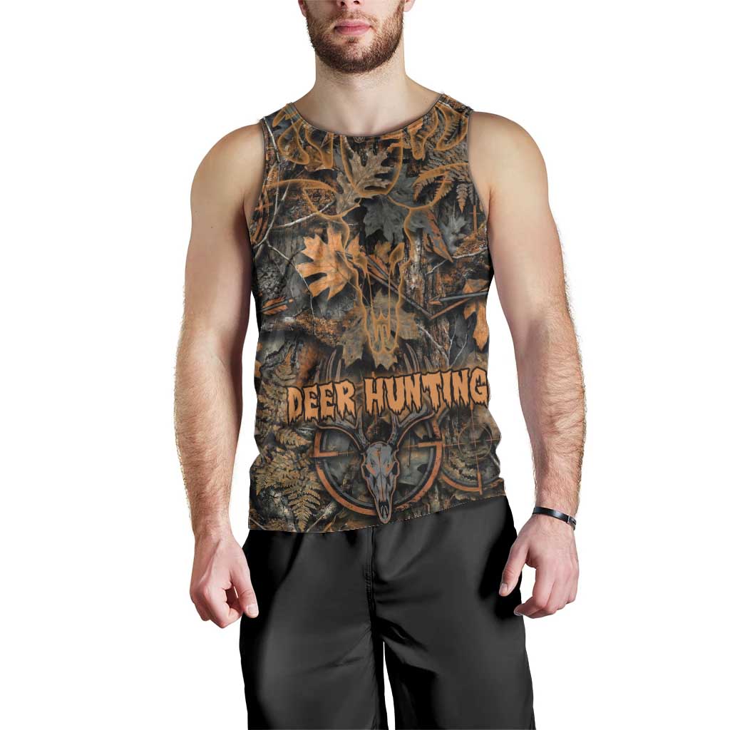 Deer Hunting Skull Men Tank Top Autumn Leaves Rustic Brown and Orange Tones
