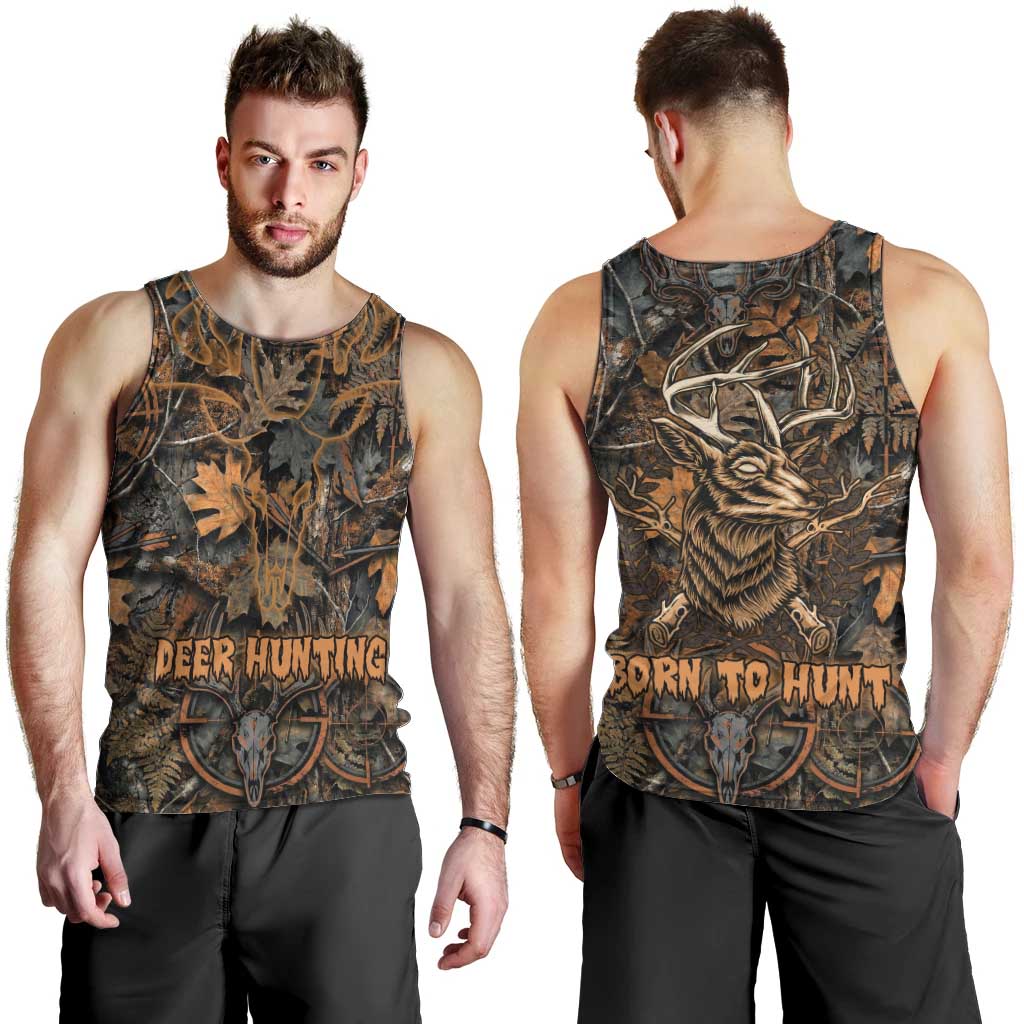 Deer Hunting Skull Men Tank Top Autumn Leaves Rustic Brown and Orange Tones