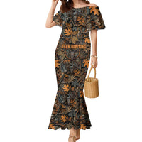 Deer Hunting Skull Mermaid Dress Autumn Leaves Rustic Brown and Orange Tones
