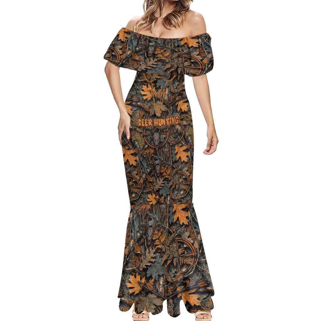 Deer Hunting Skull Mermaid Dress Autumn Leaves Rustic Brown and Orange Tones