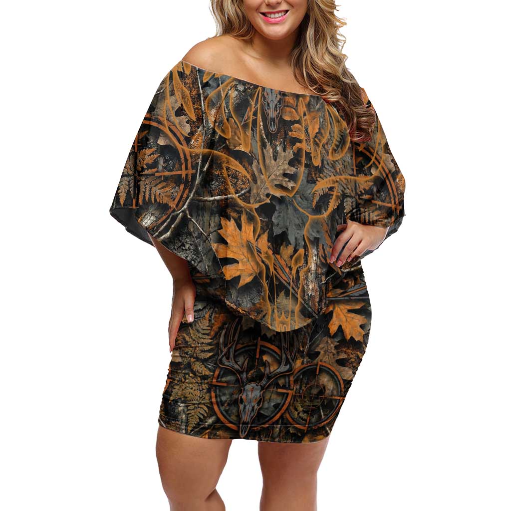 Deer Hunting Skull Off Shoulder Short Dress Autumn Leaves Rustic Brown and Orange Tones