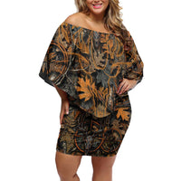 Deer Hunting Skull Off Shoulder Short Dress Autumn Leaves Rustic Brown and Orange Tones