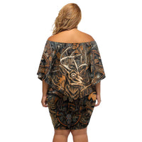 Deer Hunting Skull Off Shoulder Short Dress Autumn Leaves Rustic Brown and Orange Tones