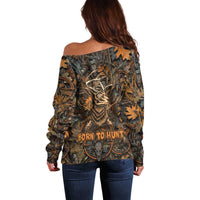 Deer Hunting Skull Off Shoulder Sweater Autumn Leaves Rustic Brown and Orange Tones