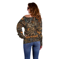 Deer Hunting Skull Off Shoulder Sweater Autumn Leaves Rustic Brown and Orange Tones