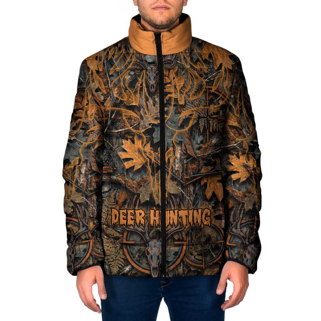 Deer Hunting Skull Padded Jacket Autumn Leaves Rustic Brown and Orange Tones