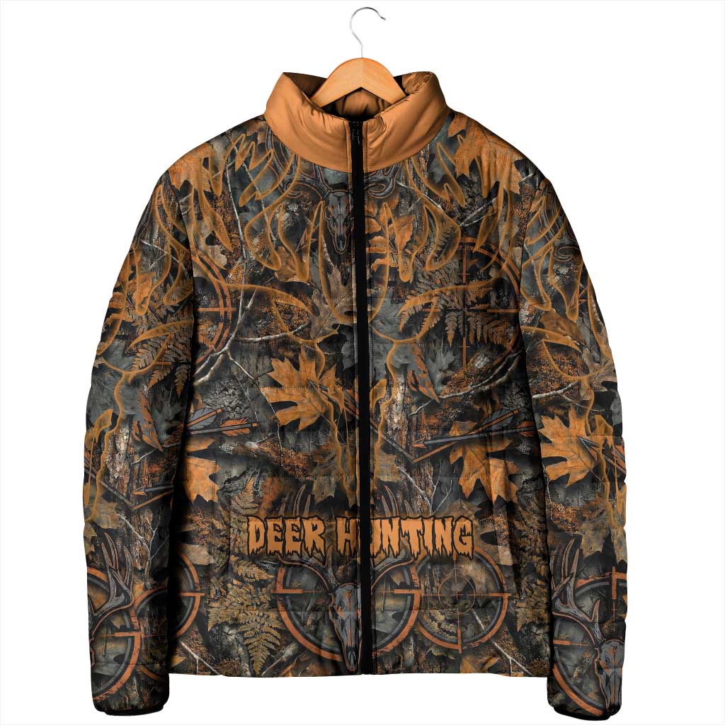Deer Hunting Skull Padded Jacket Autumn Leaves Rustic Brown and Orange Tones