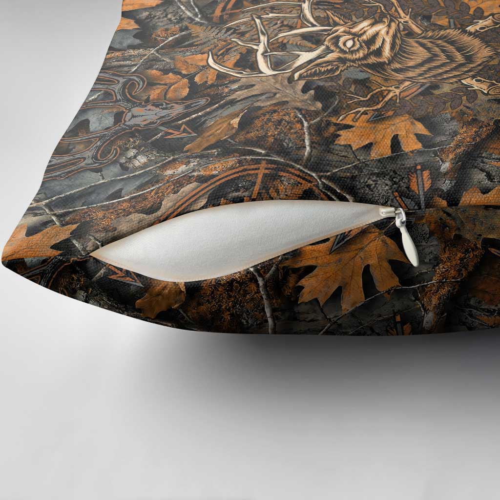 Deer Hunting Skull Pillow Cover Autumn Leaves Rustic Brown and Orange Tones