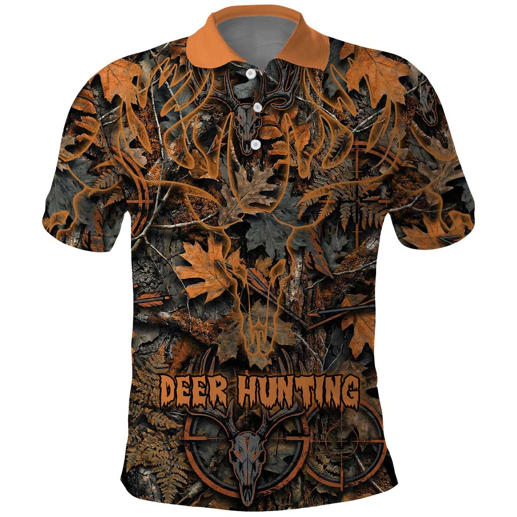 Deer Hunting Skull Polo Shirt Autumn Leaves Rustic Brown and Orange Tones