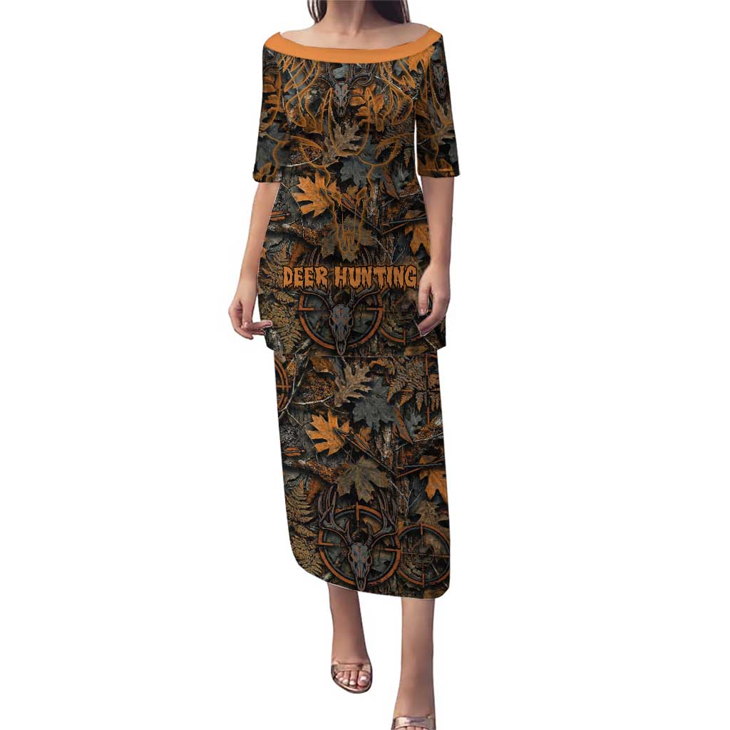 Deer Hunting Skull Puletasi Autumn Leaves Rustic Brown and Orange Tones