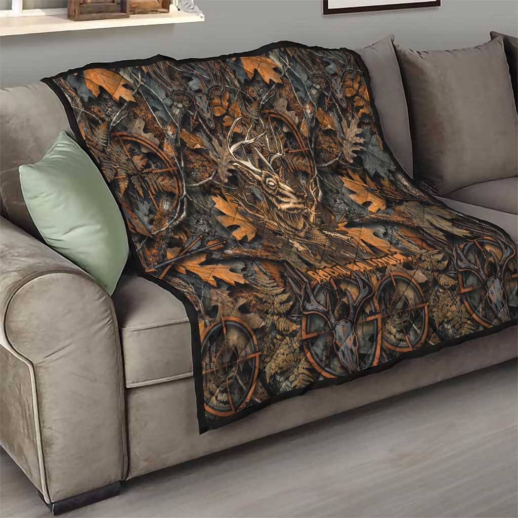 Deer Hunting Skull Quilt Autumn Leaves Rustic Brown and Orange Tones