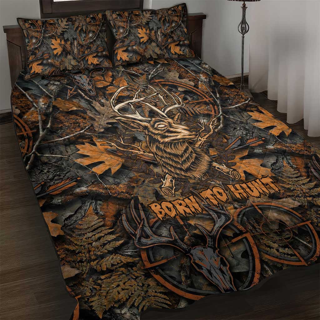 Deer Hunting Skull Quilt Bed Set Autumn Leaves Rustic Brown and Orange Tones