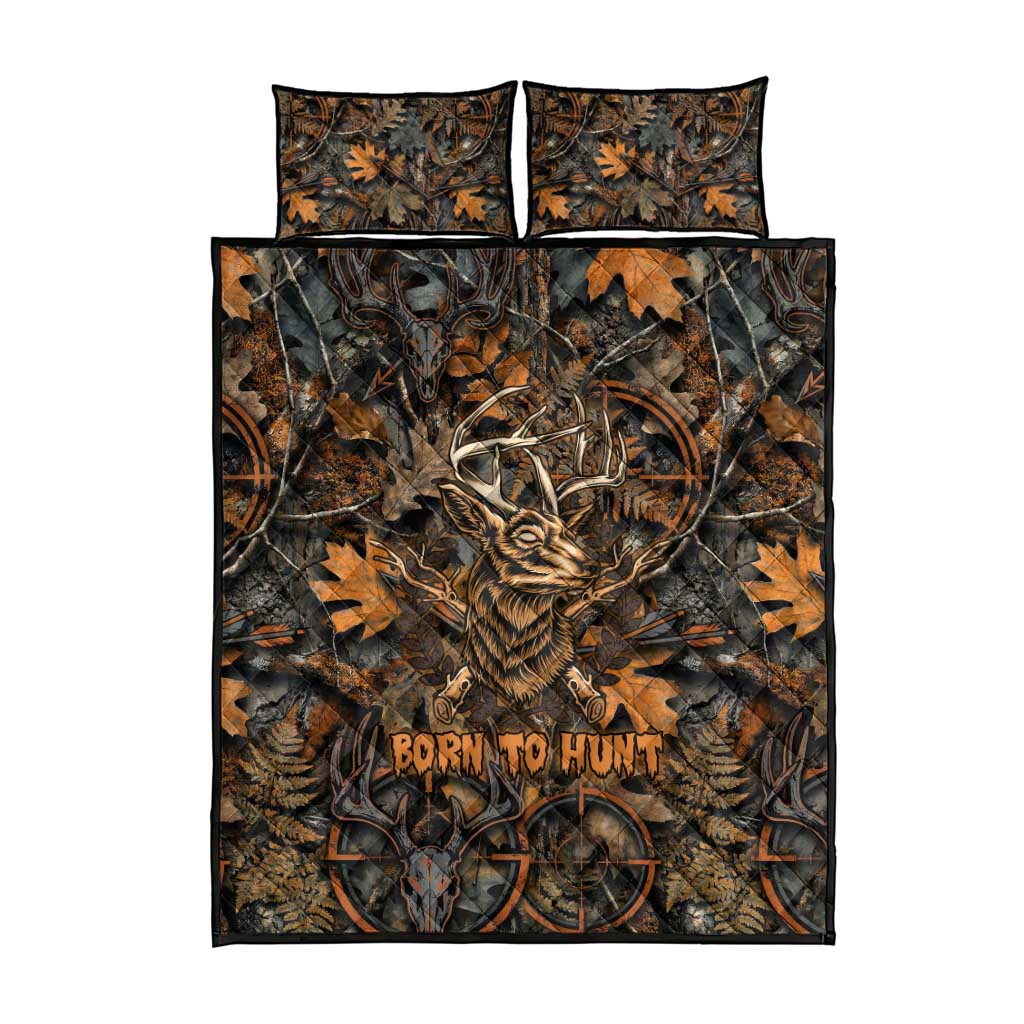 Deer Hunting Skull Quilt Bed Set Autumn Leaves Rustic Brown and Orange Tones