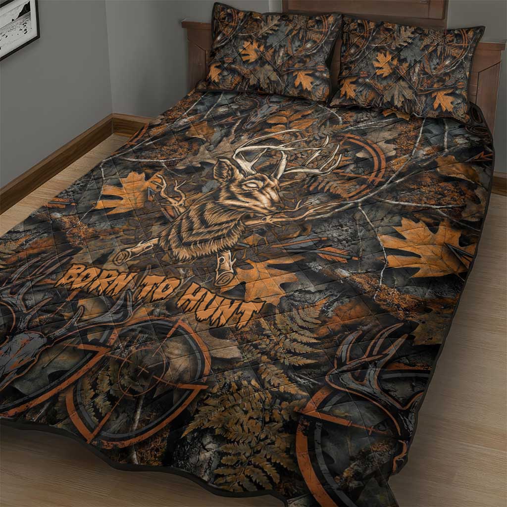 Deer Hunting Skull Quilt Bed Set Autumn Leaves Rustic Brown and Orange Tones