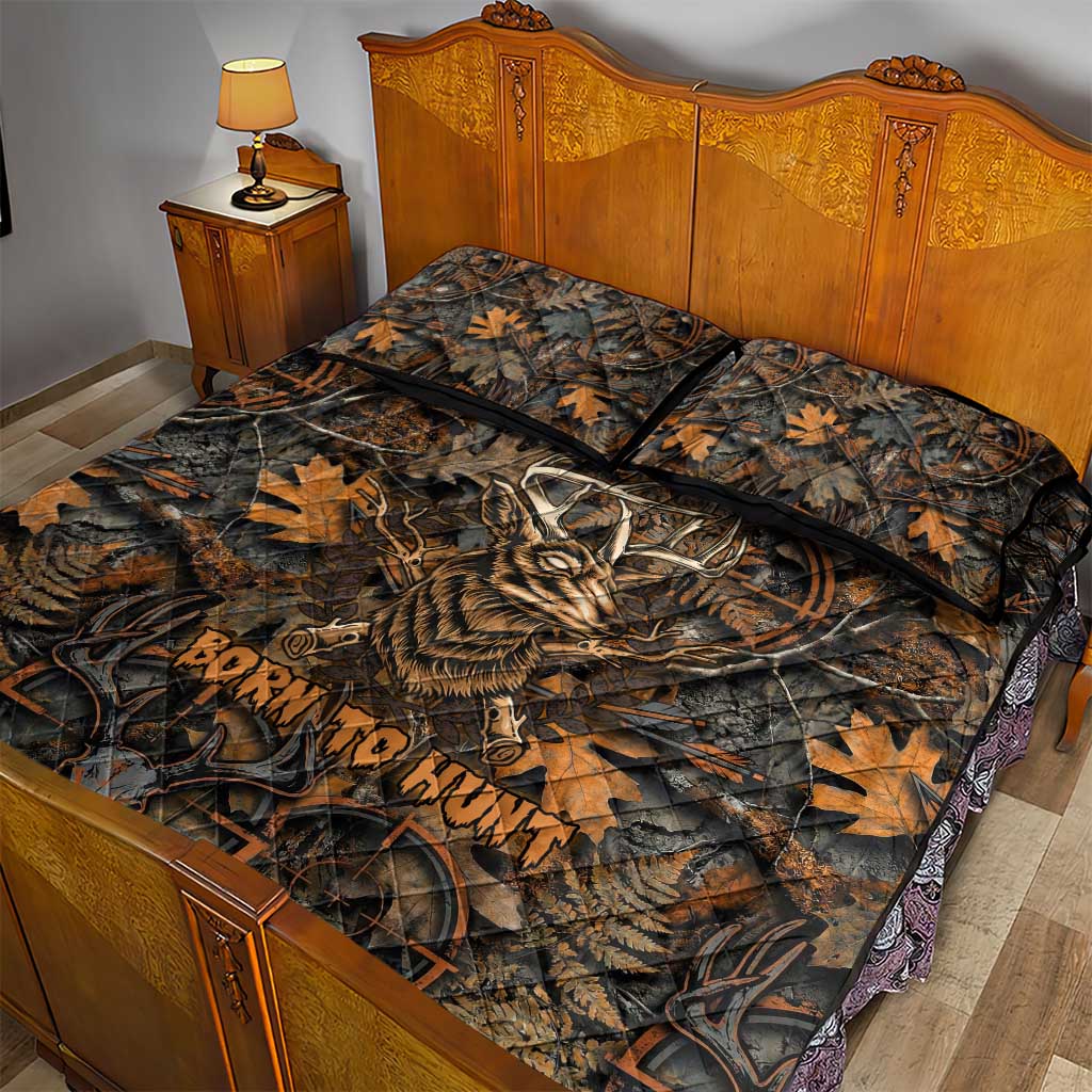 Deer Hunting Skull Quilt Bed Set Autumn Leaves Rustic Brown and Orange Tones
