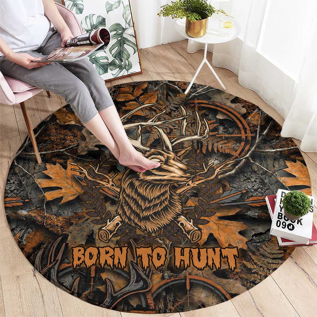 Deer Hunting Skull Round Carpet Autumn Leaves Rustic Brown and Orange Tones
