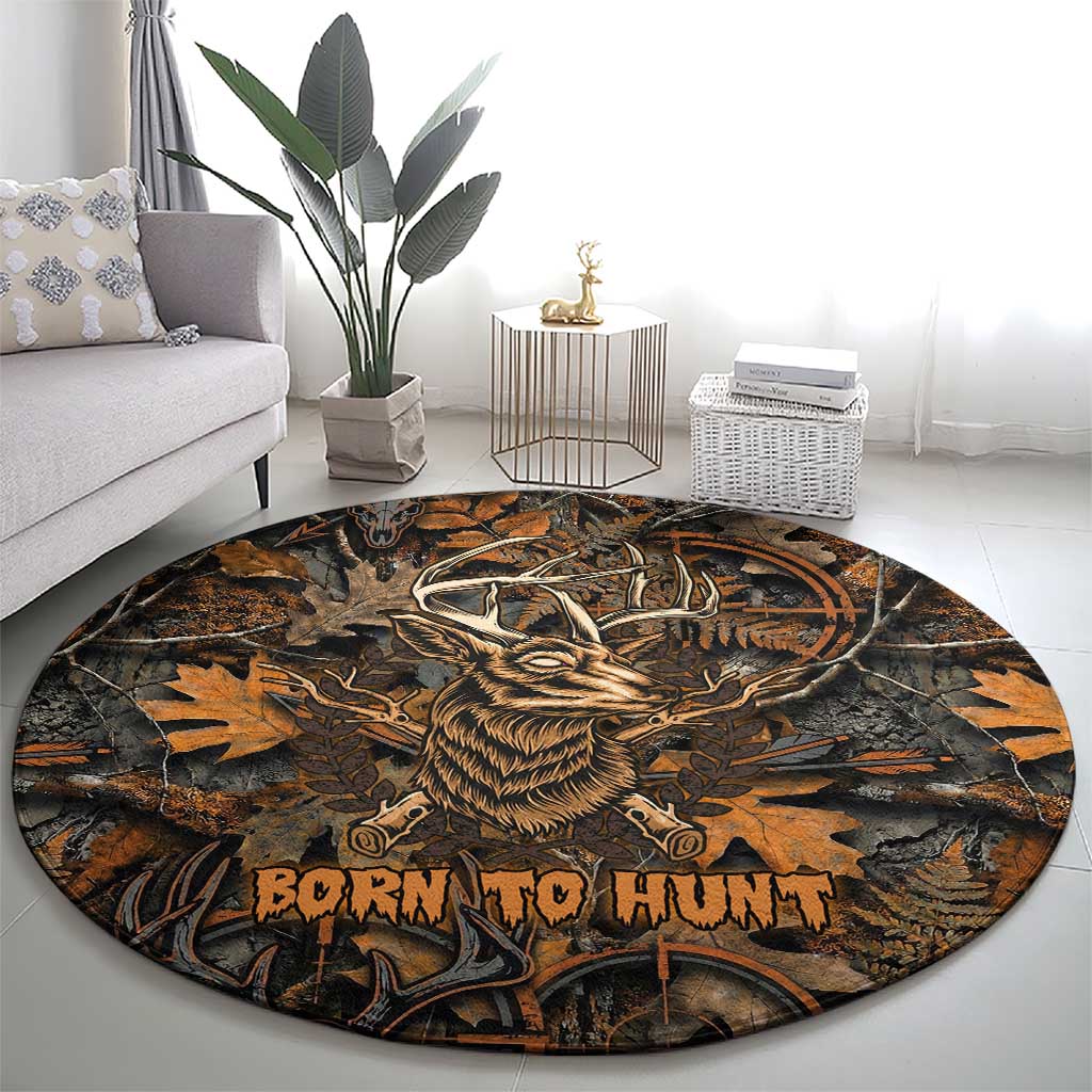 Deer Hunting Skull Round Carpet Autumn Leaves Rustic Brown and Orange Tones