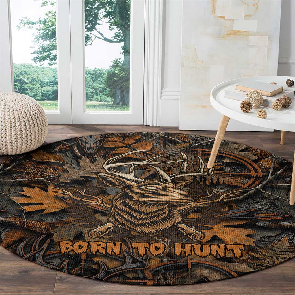 Deer Hunting Skull Round Carpet Autumn Leaves Rustic Brown and Orange Tones
