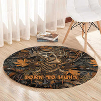 Deer Hunting Skull Round Carpet Autumn Leaves Rustic Brown and Orange Tones