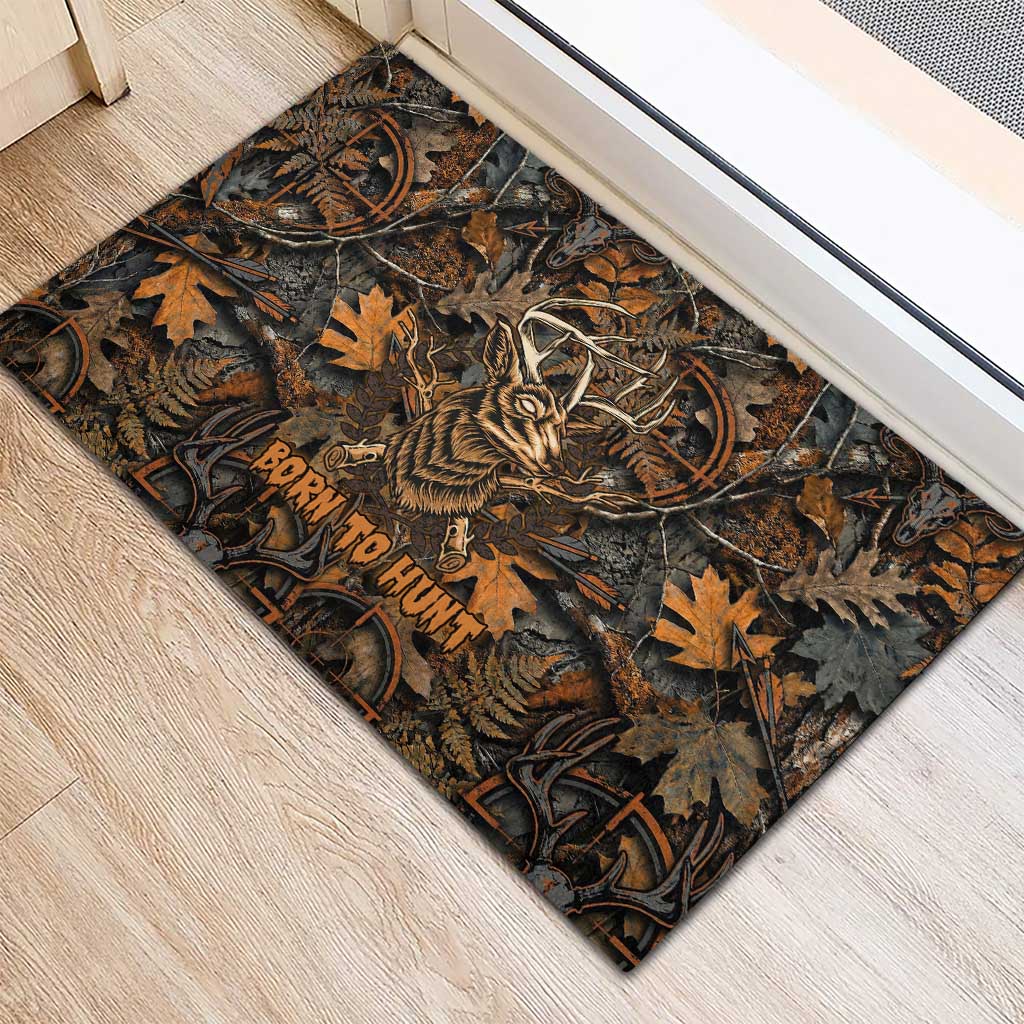 Deer Hunting Skull Rubber Doormat Autumn Leaves Rustic Brown and Orange Tones