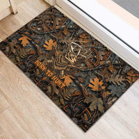 Deer Hunting Skull Rubber Doormat Autumn Leaves Rustic Brown and Orange Tones