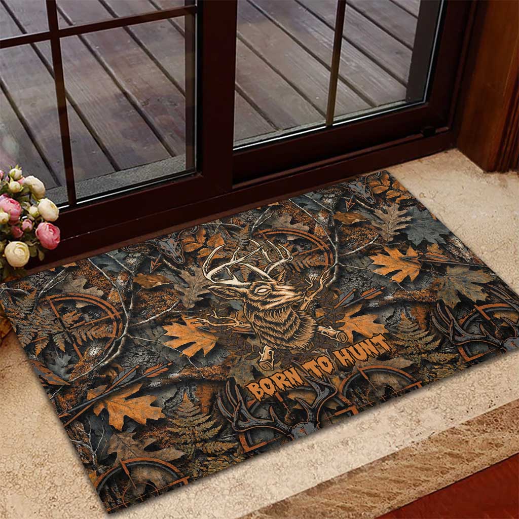 Deer Hunting Skull Rubber Doormat Autumn Leaves Rustic Brown and Orange Tones