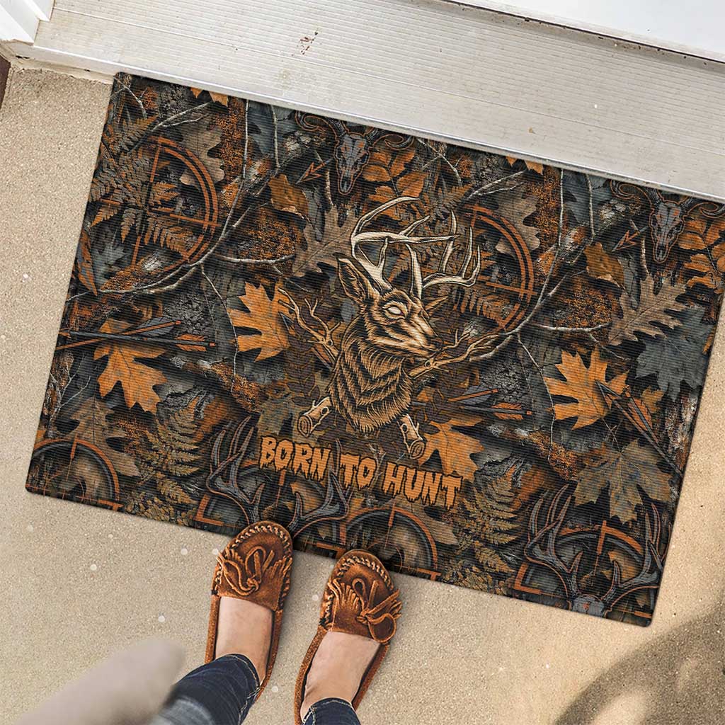 Deer Hunting Skull Rubber Doormat Autumn Leaves Rustic Brown and Orange Tones