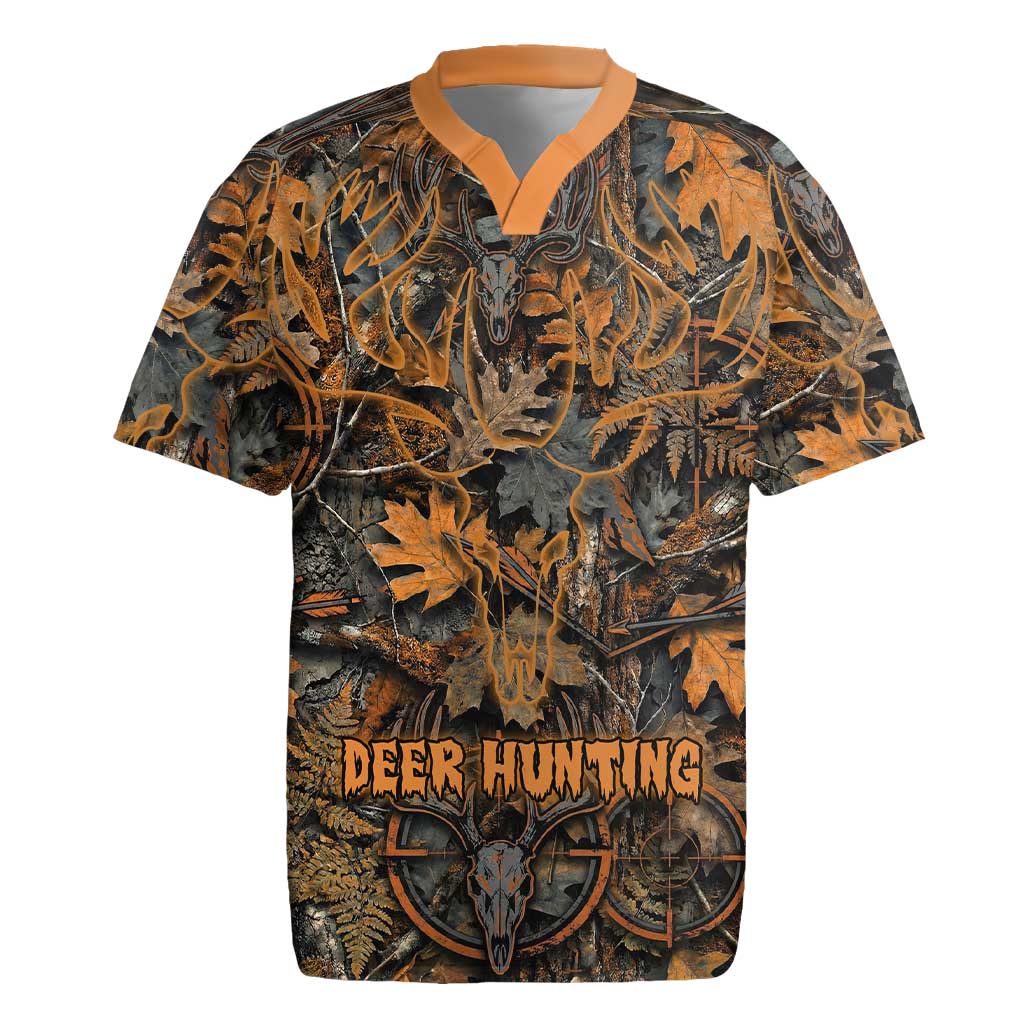 Deer Hunting Skull Rugby Jersey Autumn Leaves Rustic Brown and Orange Tones