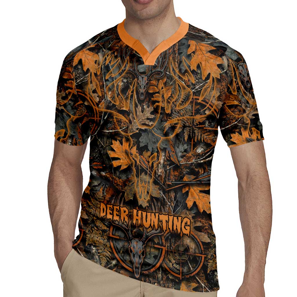 Deer Hunting Skull Rugby Jersey Autumn Leaves Rustic Brown and Orange Tones