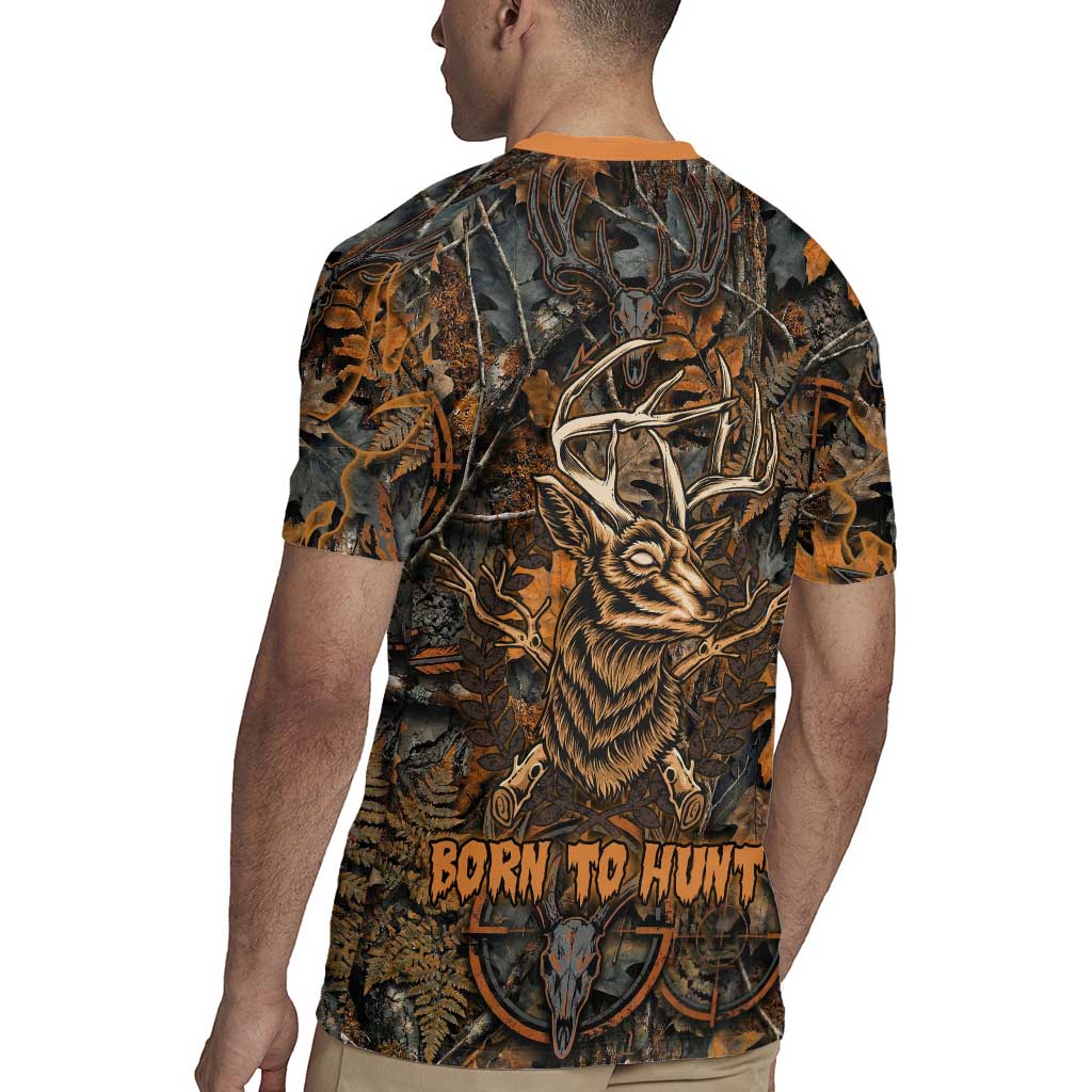 Deer Hunting Skull Rugby Jersey Autumn Leaves Rustic Brown and Orange Tones