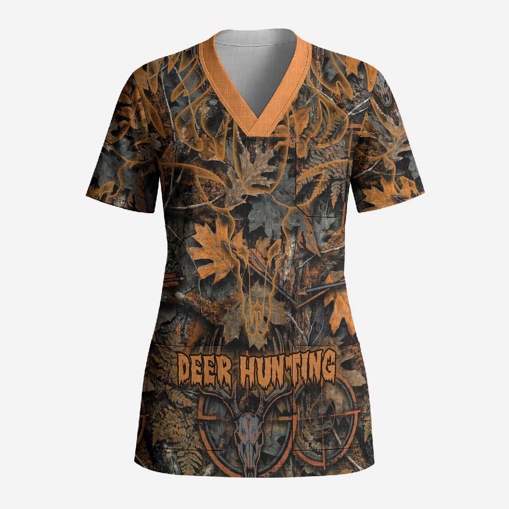 Deer Hunting Skull Scrub Top Autumn Leaves Rustic Brown and Orange Tones
