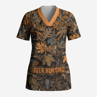 Deer Hunting Skull Scrub Top Autumn Leaves Rustic Brown and Orange Tones