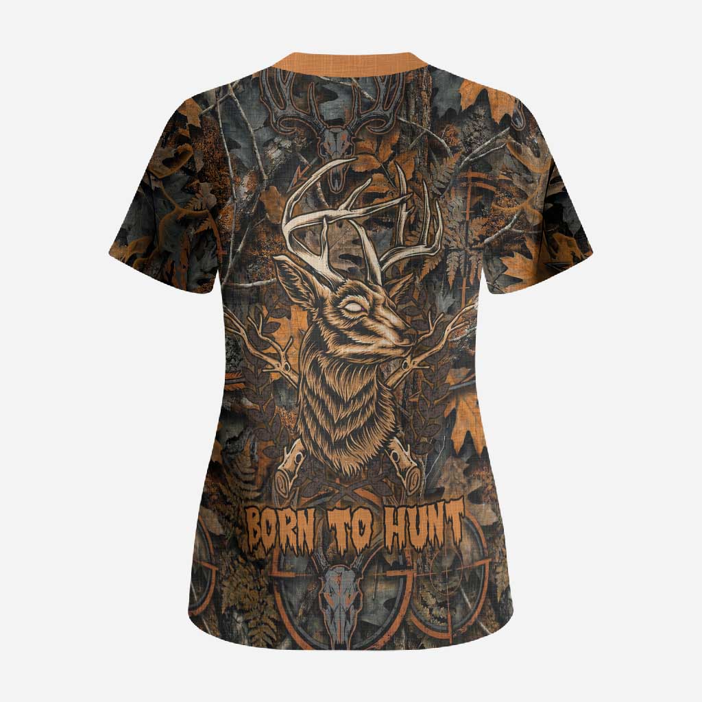 Deer Hunting Skull Scrub Top Autumn Leaves Rustic Brown and Orange Tones