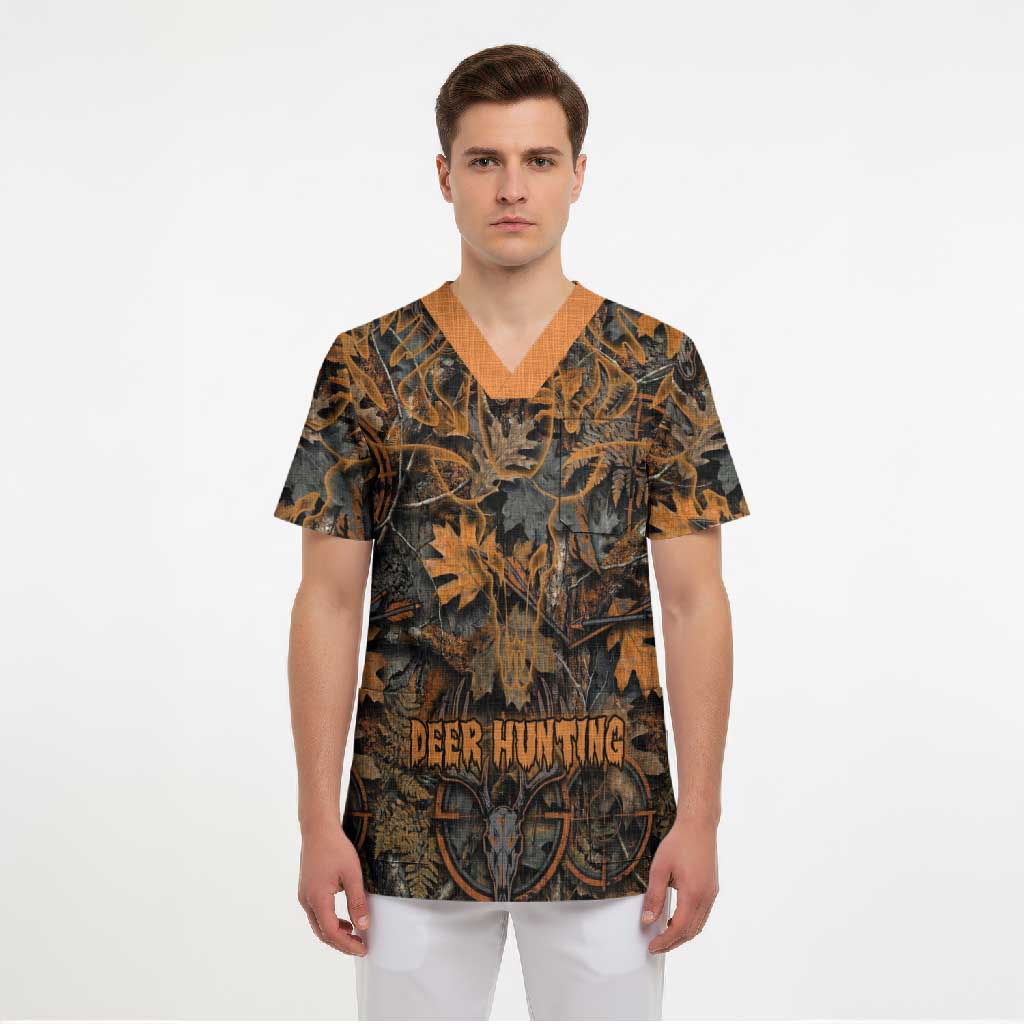 Deer Hunting Skull Scrub Top Autumn Leaves Rustic Brown and Orange Tones
